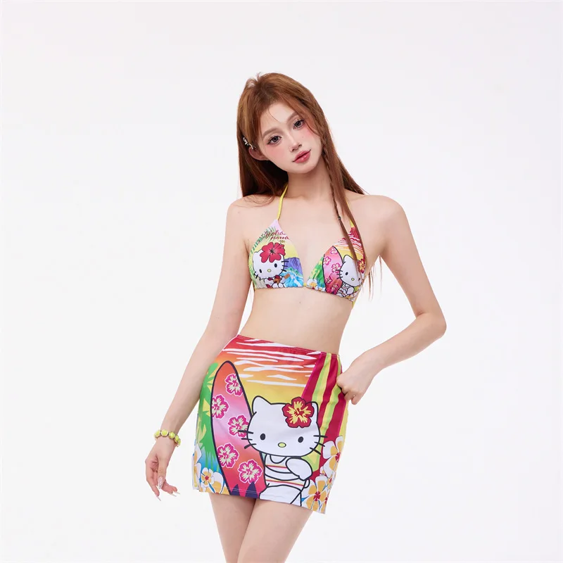 Cute Cartoon Print Hellokittys Sexy Thin Belt Strappy Bikini Split Beach Swimsuit Suit Anime Sexy Sweet Triangle Cup Girl