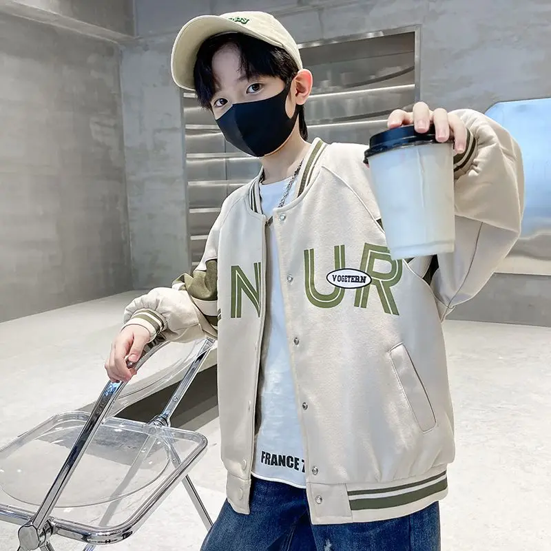 

2025 New Boys' Baseball Jacket Spring Edition Plus Size Youth School Sports Fleece Lined Windproof Jacket Hot Sale