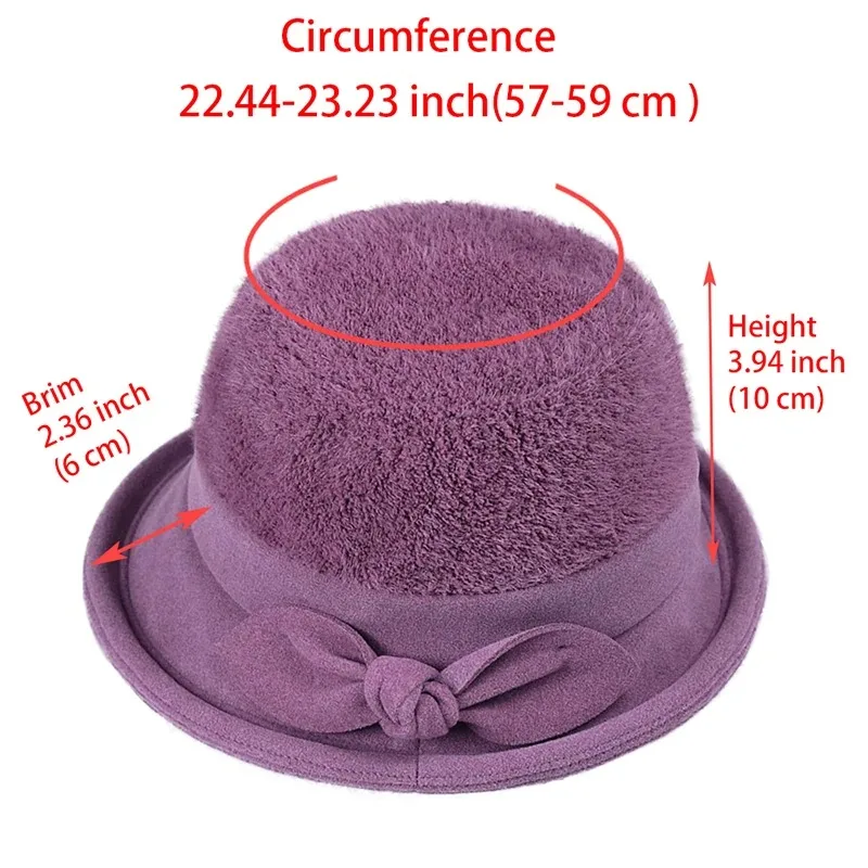 Winter Women Ladies Wool 1920s Bucket Cloche Hat Wool Furry Fur Church Party Cap Bow Tie Derby