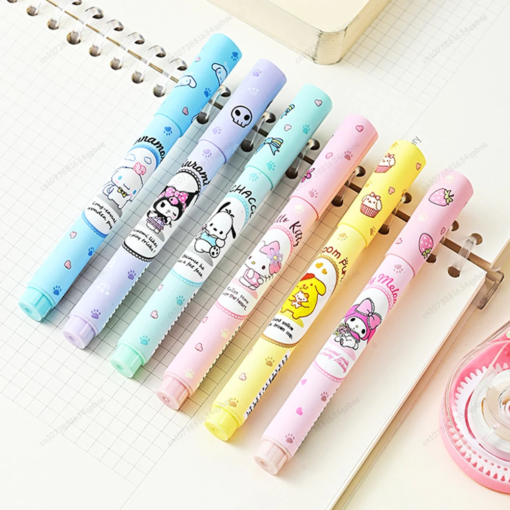 6Pcs MINISO Hello Kitty Highlighter Pen Set Kawaii Kuromi Melody Cinnamoroll Art Fluorescent Markers Pens School Office Statione