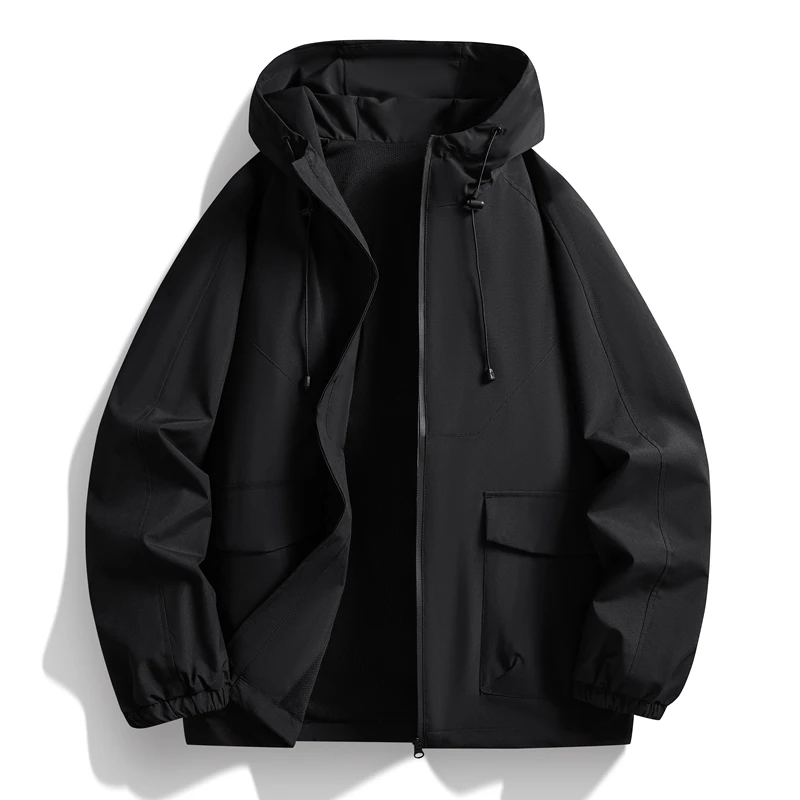 Unisex Waterproof Hooded Jacket Adjustable Hood Elastic Cuffs Cargo Pockets Loose Hiking Outdoor Coat