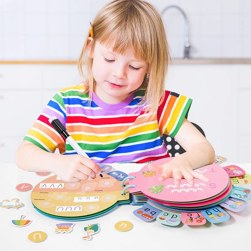 Kinder Englisch Frühe Bildung Aufklärung Ruhig Aufkleber Buch Spielzeug Baby Stift Control Training Zeichnung Buch Brief Ruhig Buch