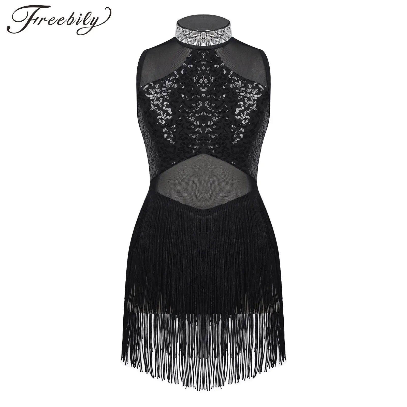 

Girls Fashion Jazz Dance Dress Shiny Rhinestone Sequin Decor Sheer Mesh Tassel Hem Ballet Leotards Performance Costume Dancewear