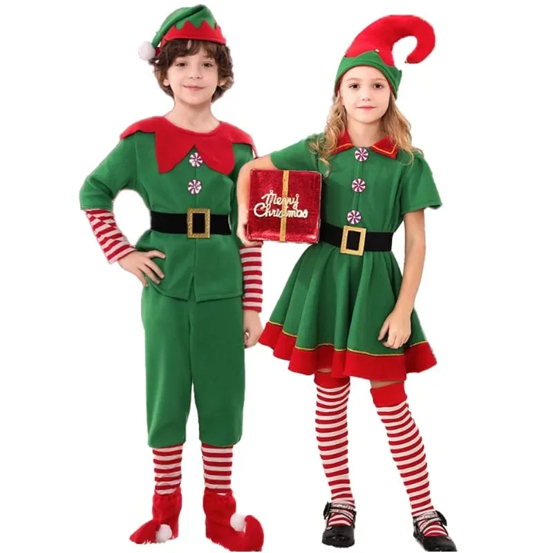 

Christmas Santa Claus Cosplay Costumes Suit Family Matching Clothing Green Elf Ear Fancy Dress Holiday Party New Year Gifts