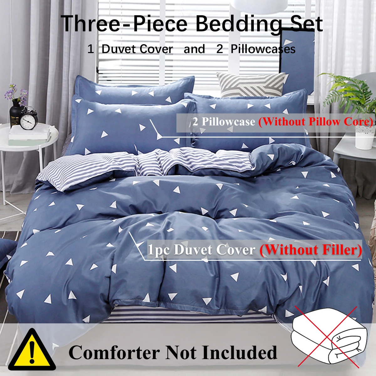 3PCS Geometric Triangle Print Bedding Set Soft Microfiber Duvet Cover Dark Blue Reversible Striped Bed Linens For Bedroom