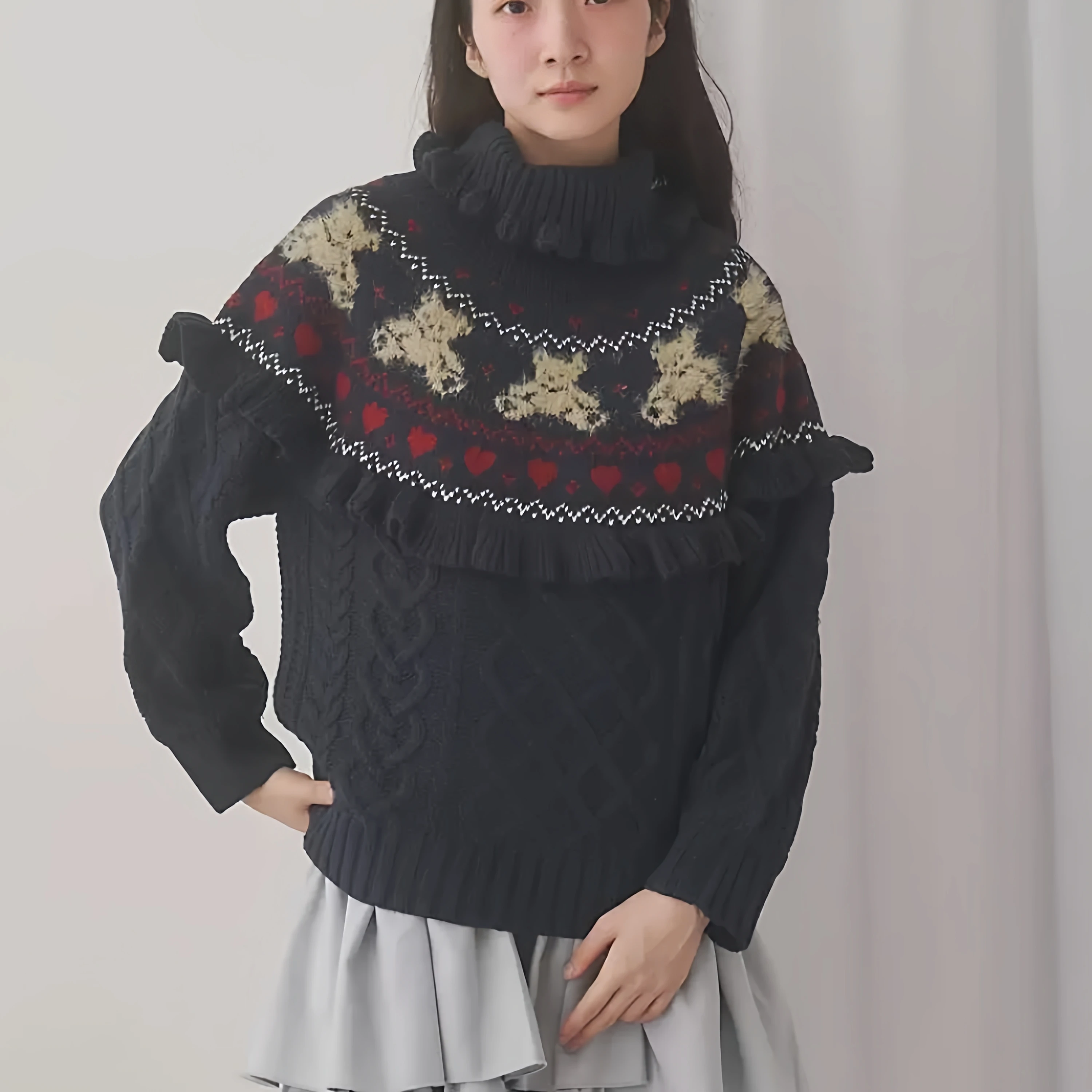 النمط الياباني أنيقة حلوة لطيف الوقوف طوق تكدرت كم طويل فضفاض تنوعا محبوك البلوزات البلوفرات للنساء الخريف