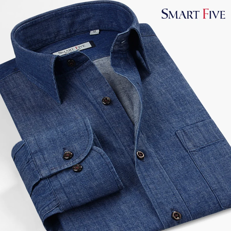 Smart five Brand High Quality Male Shirts Slim Smart Casual Business Cotton Long Sleeve Denim Shirt Men Plus Size 44 45 46