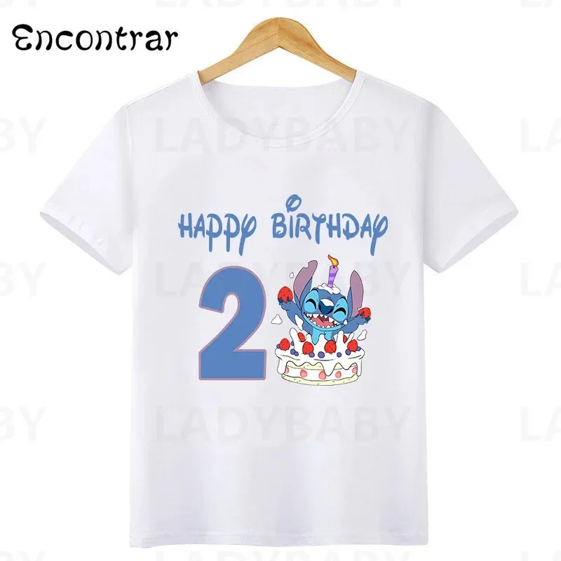 Disney Lilo & Stitch Happy Birthday Kids T-shirt Girls Clothes 1 2 3 4 5 6 7 8 9 Years Boys Funny T Shirt Children's Clothing