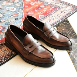 Soft Genuine Leather Retro British Men's Penny Loafers Leisure Man Slip-on Simple Driving Shoes