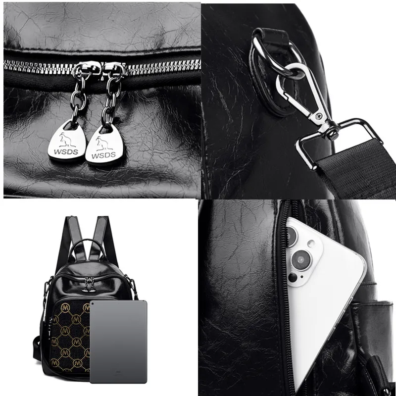 حقيبة ظهر نسائية سوداء جديدة ذات علامة تجارية مصممة بجودة عالية من جلد البولي يوريثان الناعم حقيبة ظهر عصرية ذات سعة كبيرة حقيبة كتف وقت الفراغ