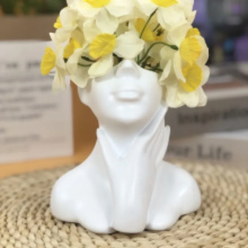 Face Shaped Planter Pot Scandinavian Makeup Brush Organizer PVC Resin - Elegant Home Decor for Living Room & Vanity