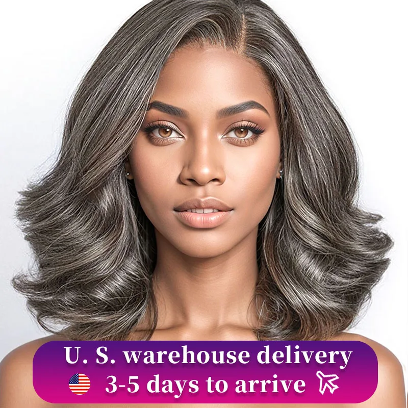 Salt and Pepper Loose Wave Lace Front Bob Wig Human Hair Side Part 13x4 HD Closure Lace Wig Ready To for Black Women