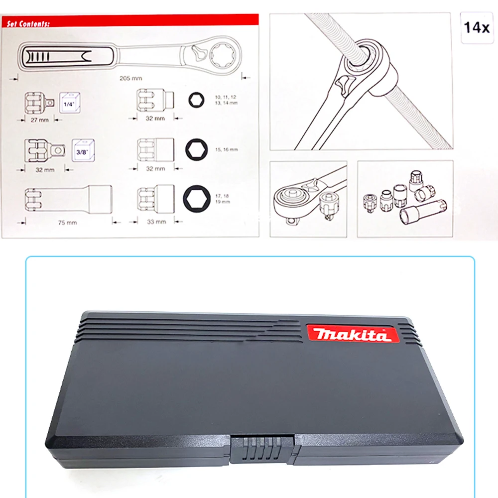 Japan Makita Penetration Socket Wrench 14 PCS Set Double-Headed Ratchet Hexagon Manual Wrench Durable Hand Tools Hand Operated