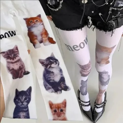 Sweet Cool Jk Cat Print Stocking Korean Ins Style Thigh High Tight Breathable Cotton Pantyhose Adjustable School Uniform Legging - view 2
