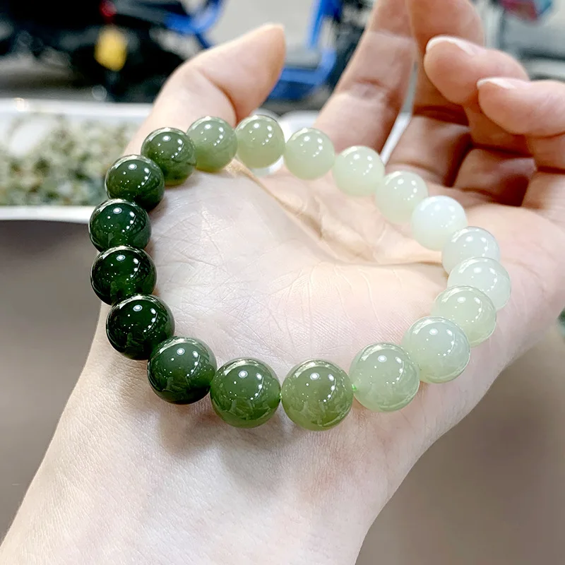 Natural Hetian Jade Gradient , Featuring-, Lake-, And-Green Round Beads, A Beaded Bracelet Made With