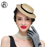 FS 2024 sombrero de paja plano con cinta de terciopelo y ganchillo, tocado con lazo, sombreros para mujer, gorra de ala corta para cóctel y fiesta de té