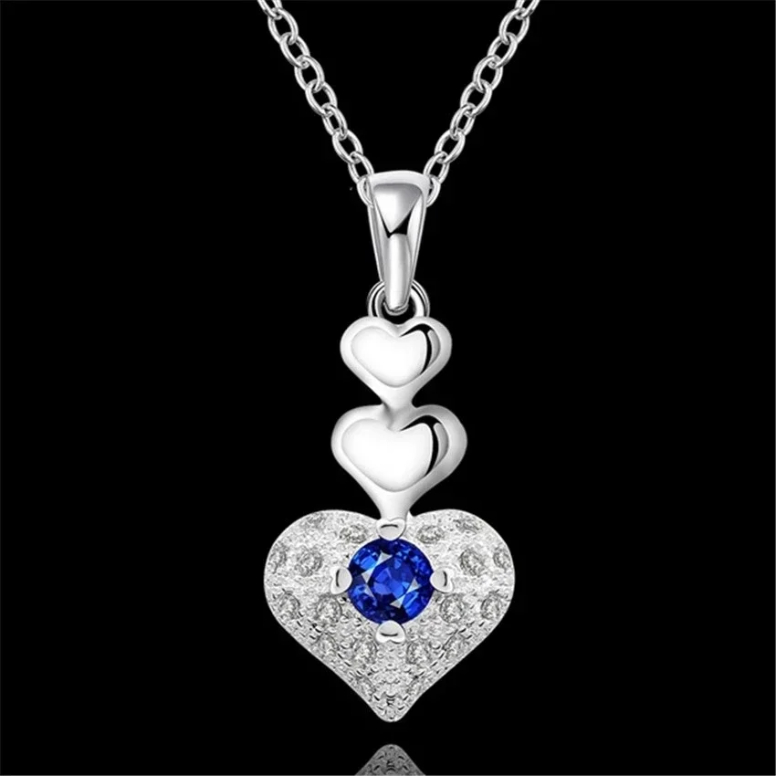 Hot Fashion 925 Sterling Silver Classic Blue Crystal Heart Pendant Necklace For Women Christmas Gifts Wedding Party Jewelry
