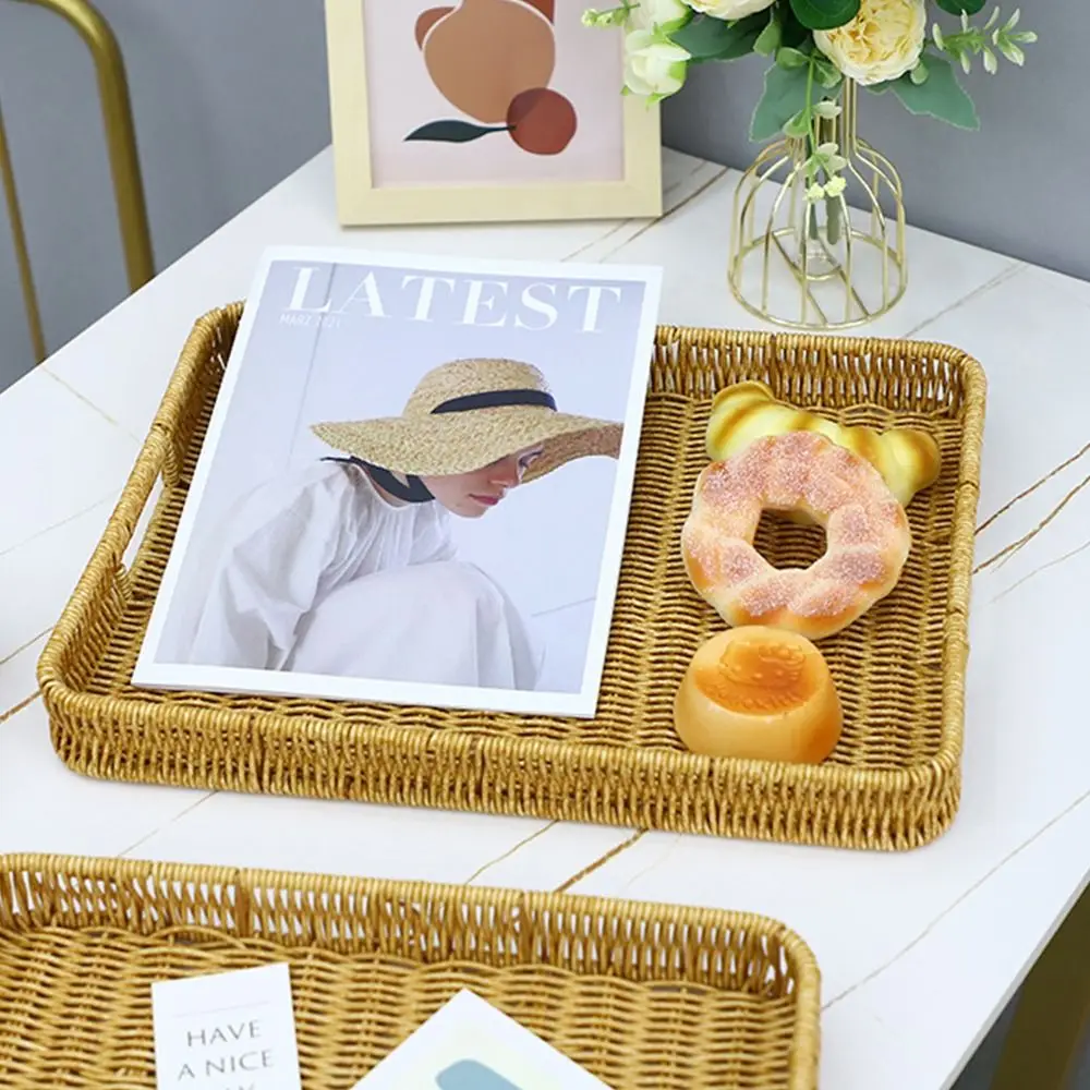 1Pcs Breakfast Bread Food Handwoven Rattan Basket Round Rectangular Shape Fruit Vegetable Cake Wicker Storage Tray Food Plate