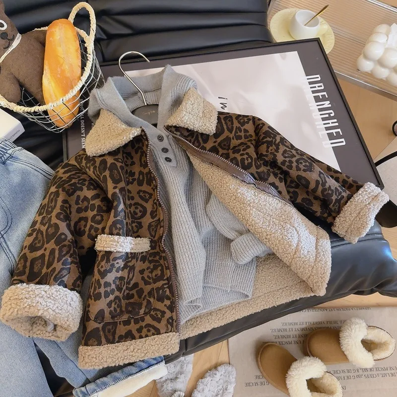 

2025 New Arrival Kids Leopard Print Shearling Jacket 1-10Y Child Boys Girls Warm Fleece Lined Winter Coat Fashion Casual Outwear
