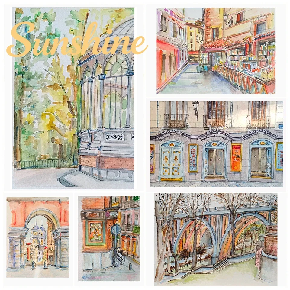 (No frame)Modern Madrid Illustration Posters Watercolor Urban Landscape Prints Canvas Painting Madrid Wall Art Pictures Home