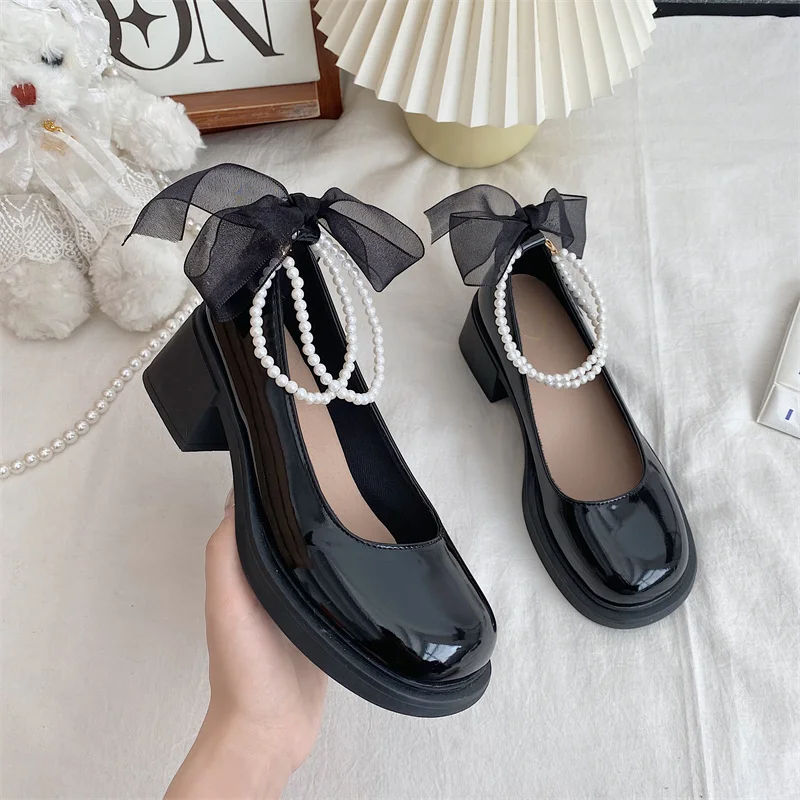 

Women Leather Med Heel Lady Mary Jane Shoes Square Toe Sweet Lolita Shoes Pearls Chain Silk Ribbon Bow Zapatos De Mujer