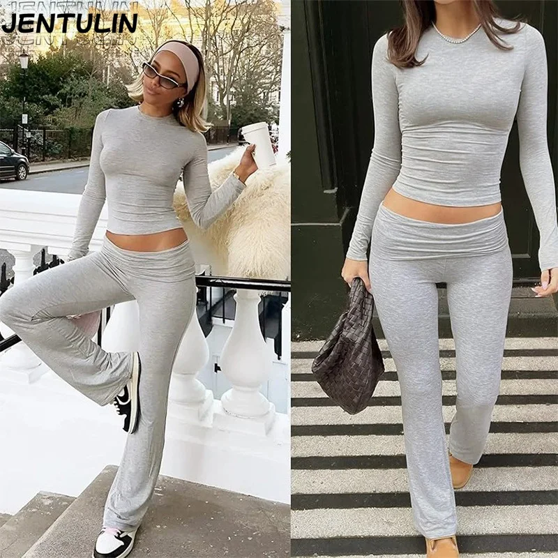 

Y2K Outdoor Sportswear Casual 2piece Set Women Long sleeves Tshirt Solid color Trousers Set Streetwear Tight sweatpants Outfits