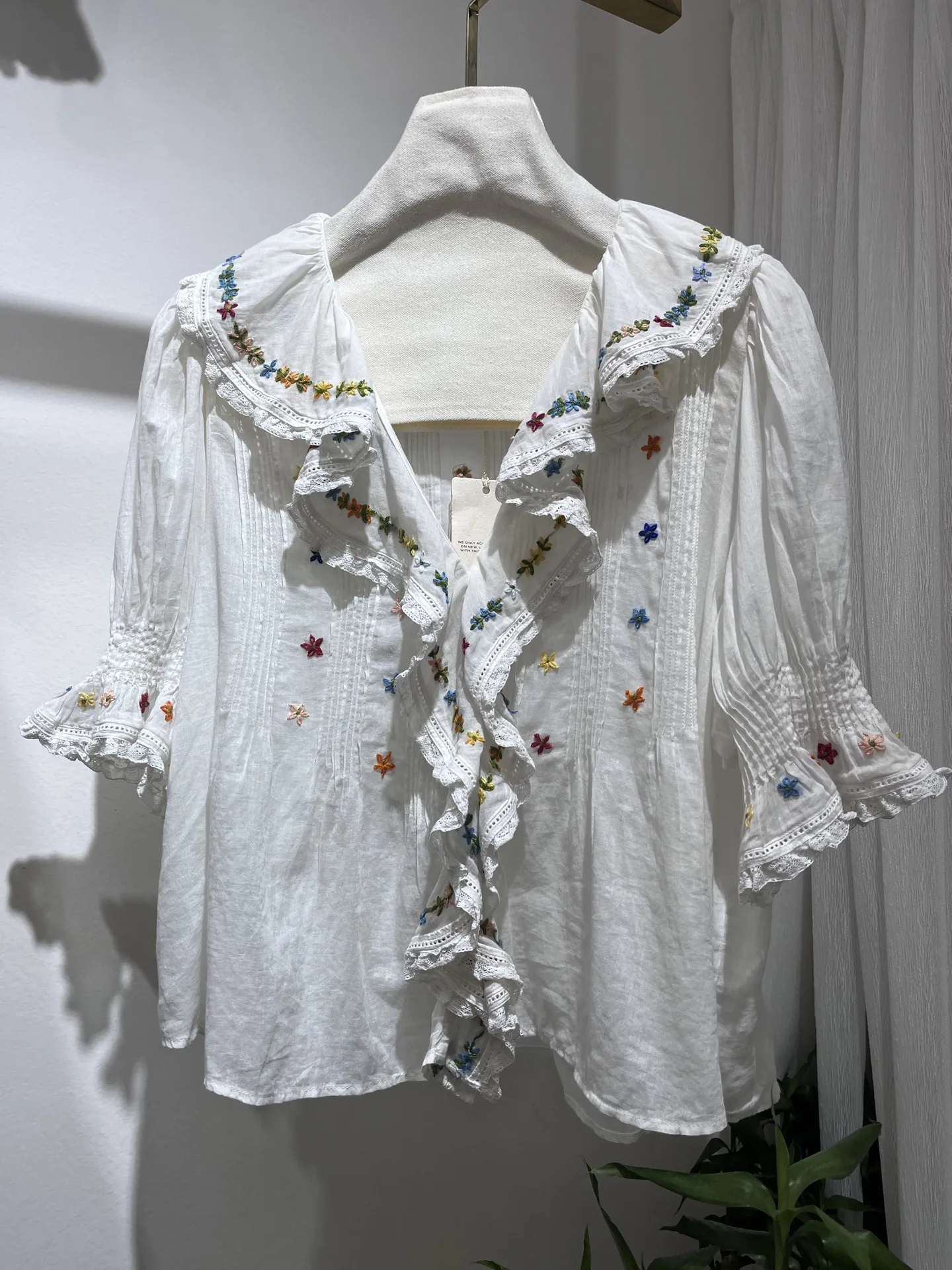 

Women Ruffles V-Neck Shirt Embroidered Flower Cotton Casual Blouse