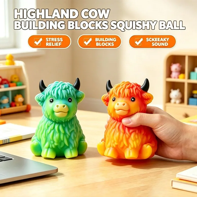 Building Block Filling Highland Cow Slow Rebound Pressure Release Squeeze Toy Stress Anxiety Relief ASMR Sound Sensory Toy Gift