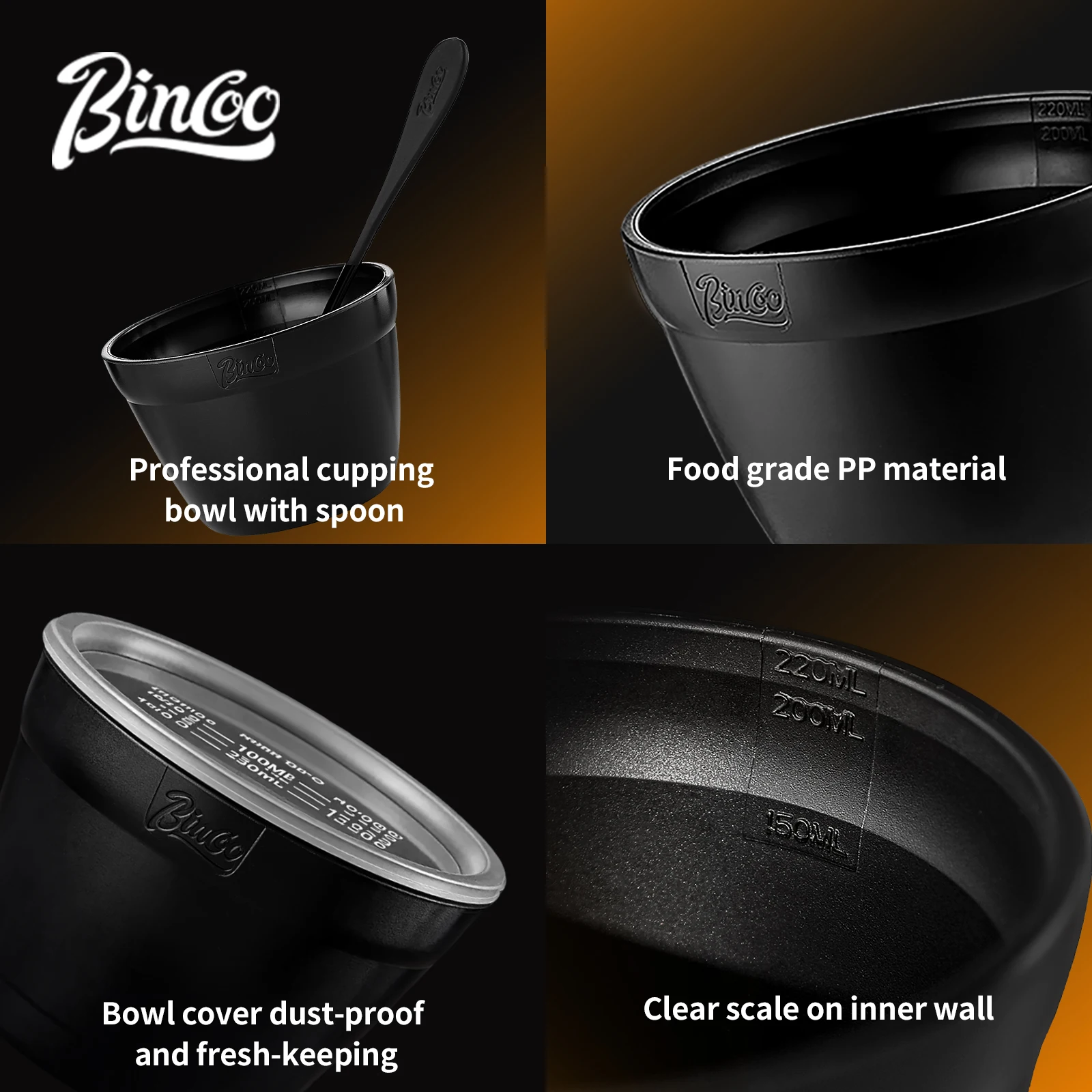 Bincoo Cupping Set with Lid & Spoon – Stackable Large PP Tasting Bowl, Black White Style, Professional Coffee Cupping Tool