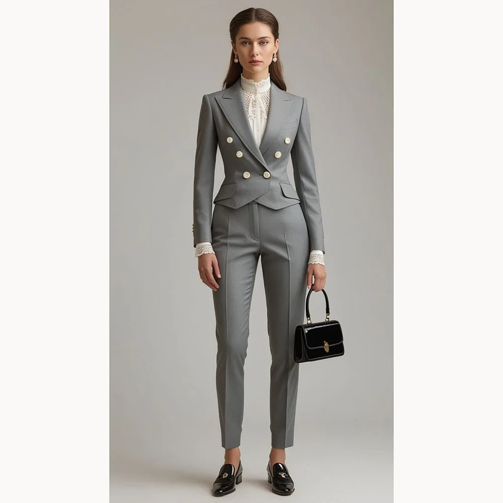 

Gray Women's Suits Customied Business Slim Double-breasted Two Pieces (Short Jacket+Pants) Daily High Waist Office Lady Set