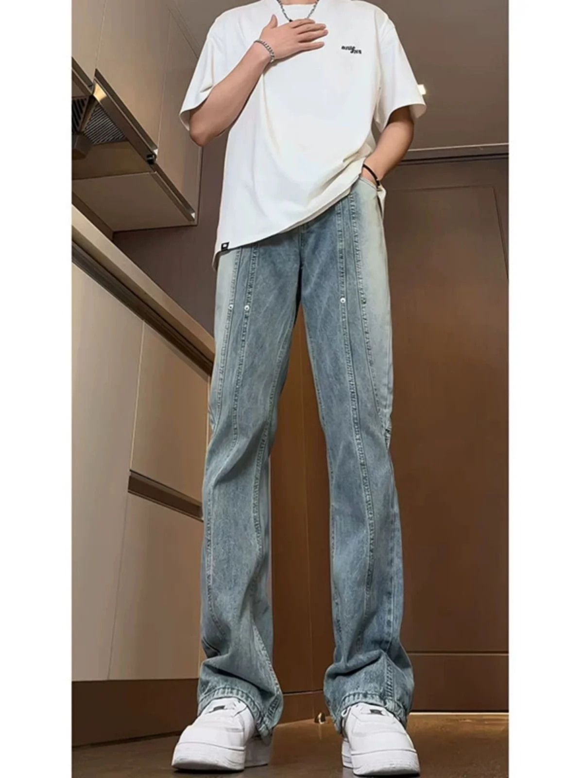 

Мужские джинсы Cleanfit Blue Rivet с высокой талией, зауженные, слегка расклешенные, в американском уличном стиле, из смесового хлопка и полиэстера