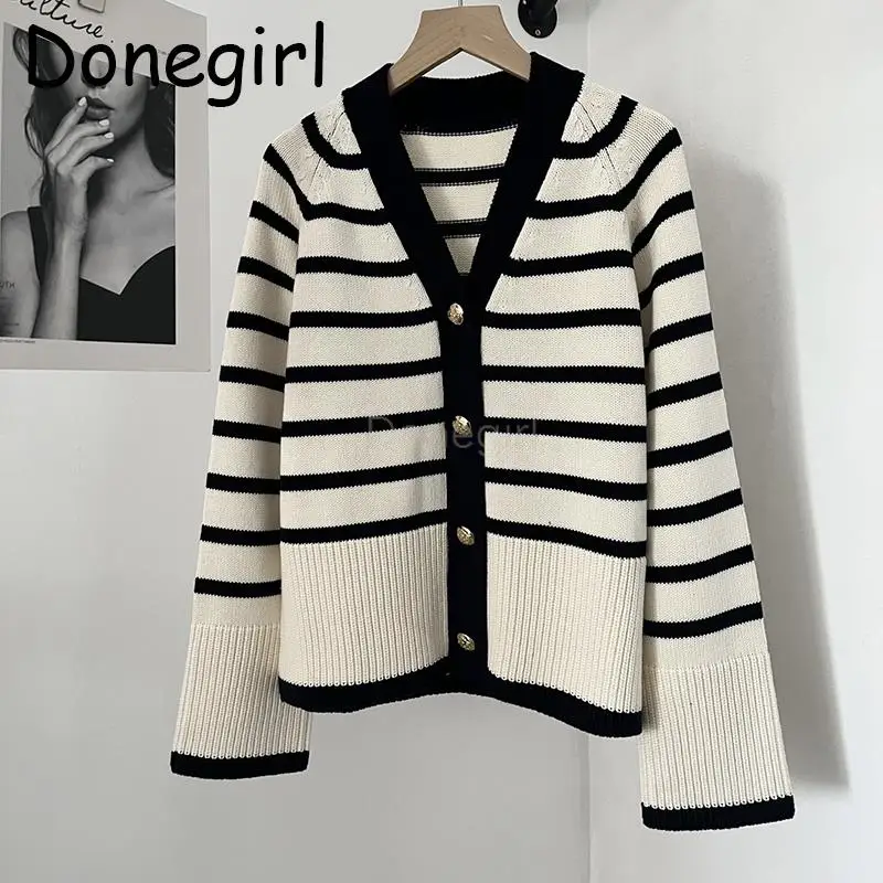 Donegirl 2023 Women Autumn New Single Row Button Loose Striped Knitted Sweater Causal Simple Cardigans Coat Female Tops Chic