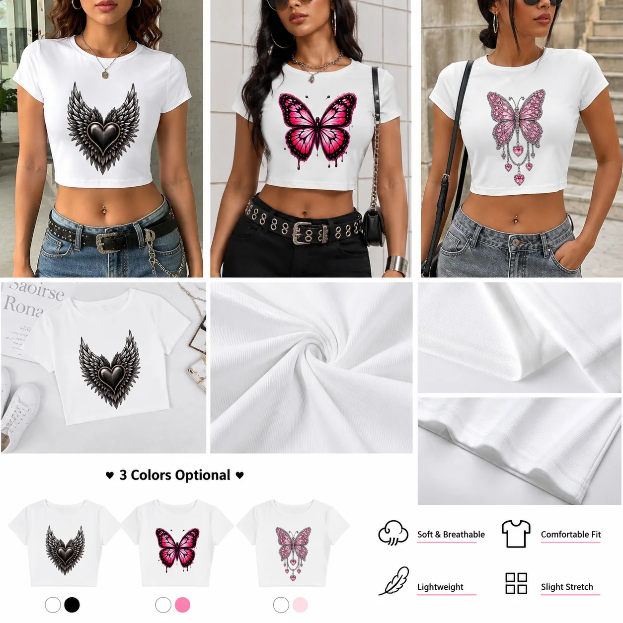 Women's Crop Tops T-Shirt Butterfly Pattern Print Y2K Crew Neck Short Sleeve Cropped T Shirt Casual Sexy Clothes Femme 2026