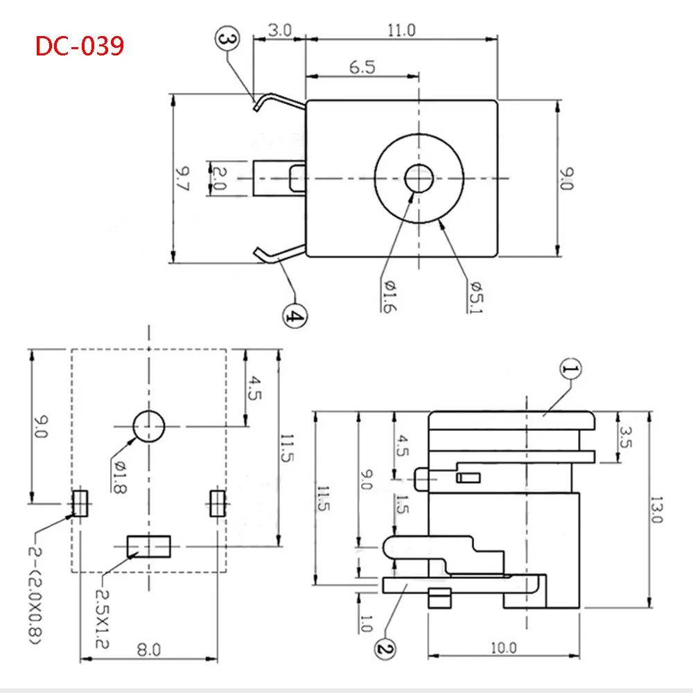 5-20PCS DC Power Socket DC-039 5.1mmx1.65mm Horizontal 3P 3Pin DC Charging Port 5.1*1.65mm DC00390