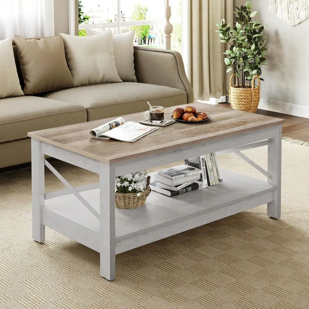 Table With Storage Shelf For Living Room,Modern Industrial Coffee Tables With 2Tier Thicker Legs,Wood Accent Cocktail Center Co