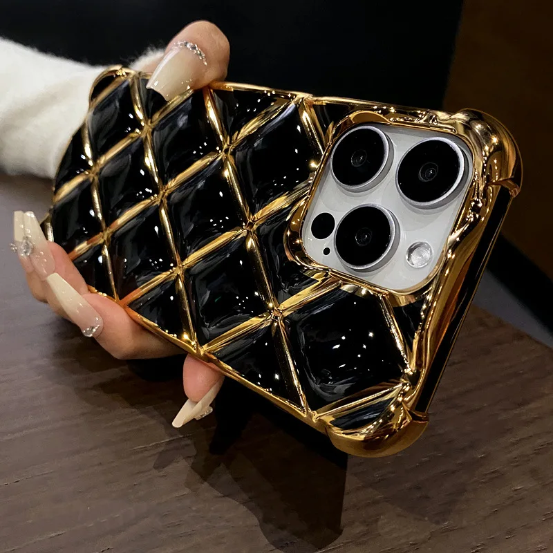 Luxury Plating Diamond Lattice Grid Shockproof Phone Case for iPhone 16 14 13 15 Pro Max Soft Silicone Plated Gold Cover