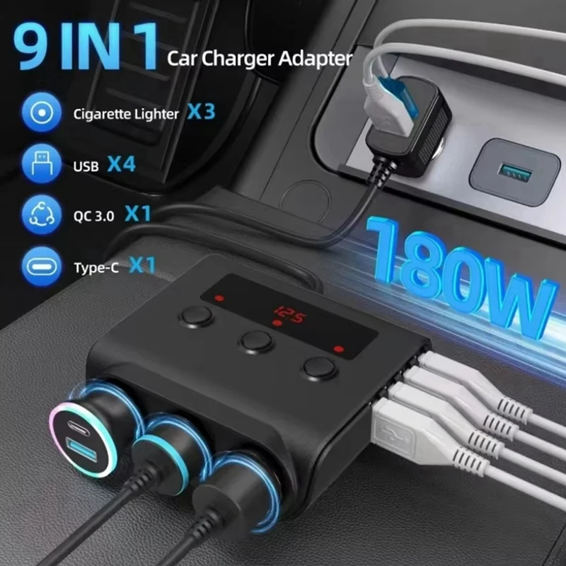 180W Car Lighter Multi Triple Splitter with Switch Digital Voltage Display 4 USB Ports Type C Charger Adapter-A56M