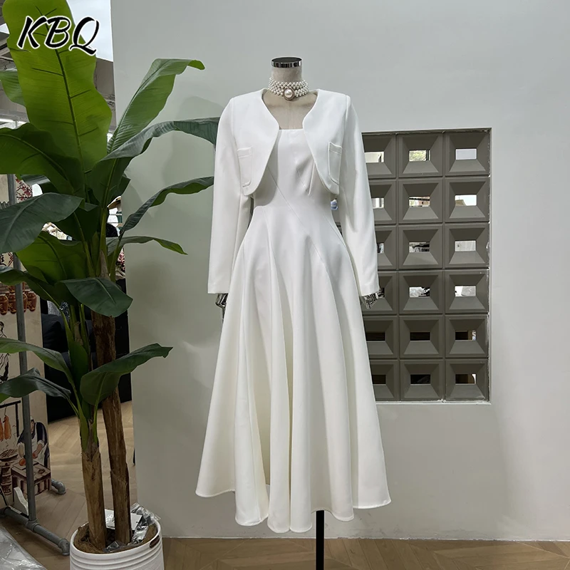 

KBQ Solid Two Piece Sets for Women Round Neck Long Sleeve Short Top Strapless Sleeveless High Waist A Line Dress Chic Set Female