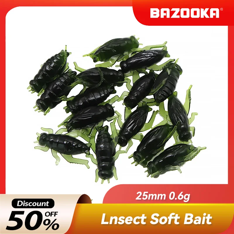 

50pcs Bazooka Insect Cricket Silicone Soft Bait Artificial Lightweight Grasshopper Floating Ocean Pesca Wobblers Fishing Lure