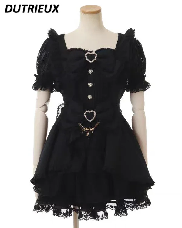 2025 NUOVO abito slim fit a maniche corte con scollo quadrato Ragazza carina giapponese Dolce fiocco in pizzo con bordo volant Abiti e gonna base