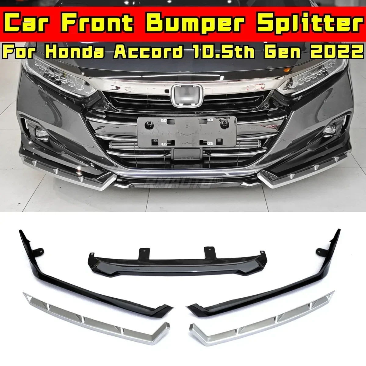 For Honda Accord 10.5th Gen 2022 Body Kit Front Bumper Lip Glossy Black-Silvery Sport Style Bumper Spoiler Cover Car Accessories