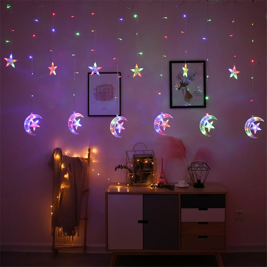 Guirnalda de luces LED de hadas de Navidad, cortina de luces con enchufe europeo, luna y estrella, 8 modos, decoración de dormitorio, fiesta en casa, boda, Año Nuevo