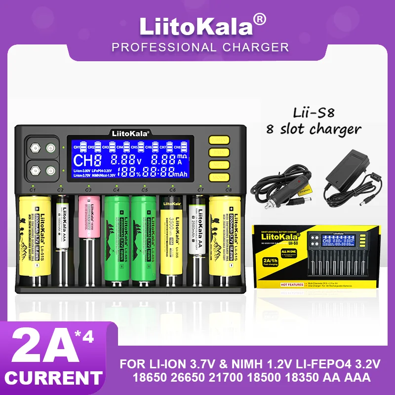LiitoKala Lii-S8 Lii-S6 Lii-D4XL Lii-600 18650 Li-ion 3.7V NiMH 3.2V 3.8V For 26650 21700 26700 18350 AA AAA Battery Charger