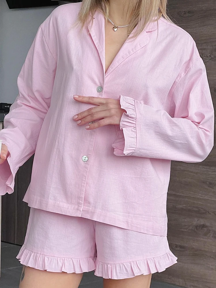 Linad Loose Women\'s Home Clothes 2 Piece Sets Pink Ruffle Long Sleeve Sleepwear Female Casual Suits With Shorts Summer Pajamas