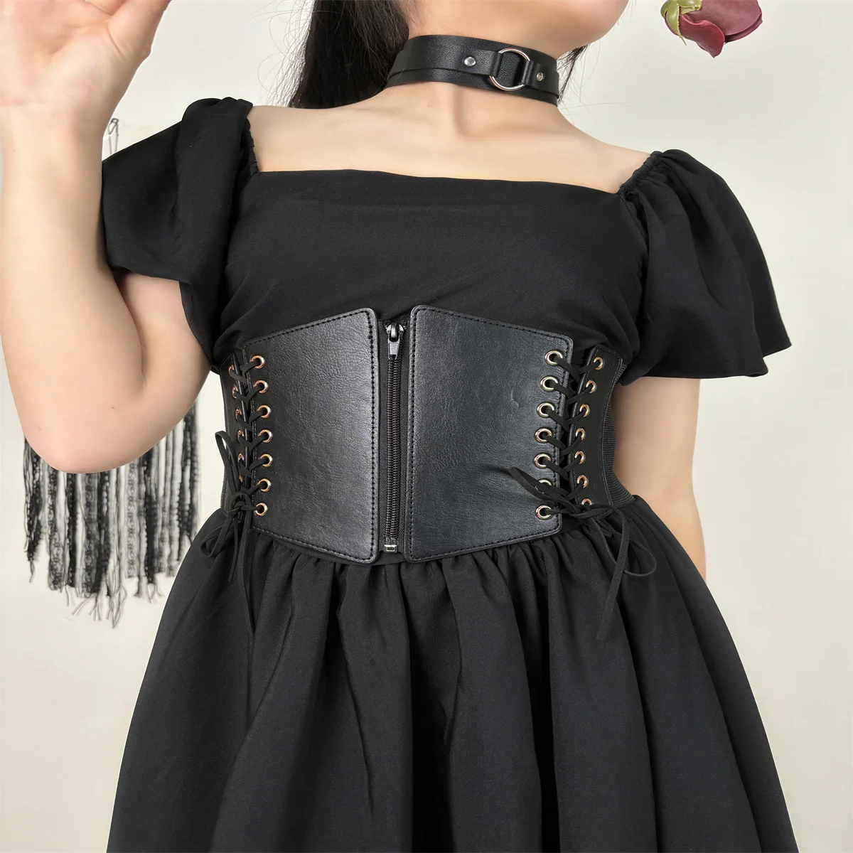 Corset Women's Leather Pu Wide Belt Women's Dress Vintage Zipper Drawstring Medieval Plastic Belt