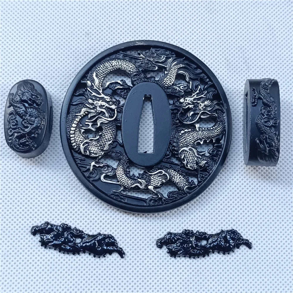 A Set Black Alloy Shuanglong Tsuba FuchI Kashira Fittings For Japanese Samurai Katana Sword Wakizashi Tanto Sword Katana