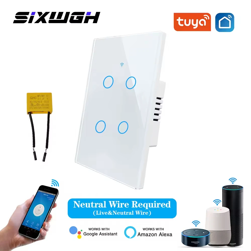 

SIXWGH Smart Wall Switch WiFi Smartlife App Control Timer House Wireless Touch Glass Light Switch Support Google Home Alexa