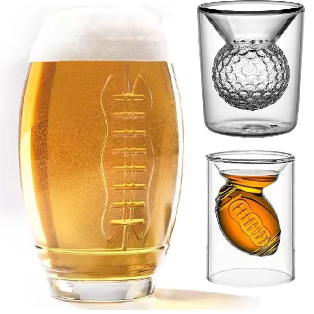 Creative Clear Glass Cup Double Wall 3D Rugby/Golf Ball Shape Beer Shot Glasses Heat-resistant Anti-scalding Whiskey Beer Cup