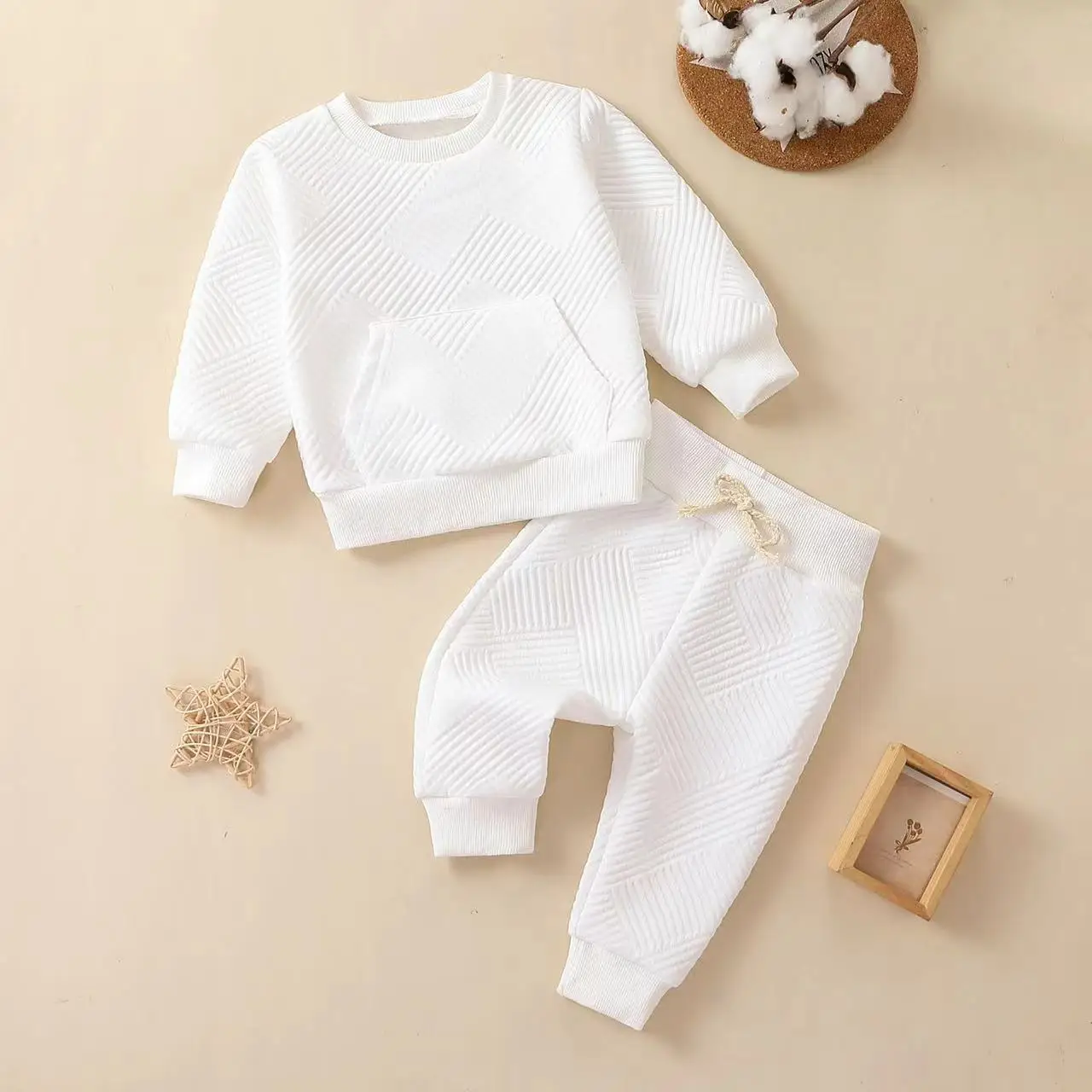 2PCS Boys Girls Cotton White Gray Geometric Sweatshirt Casual Sweatshirt Athletic Suit Best for Gifts