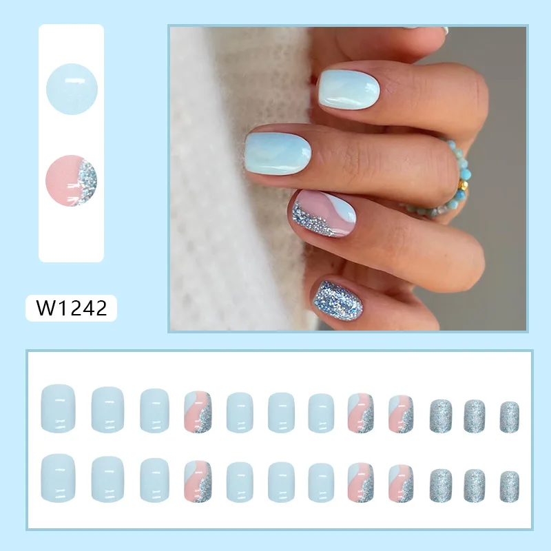 

24Pcs Short Oval Press on Nails - Sky Blue French Tip with Crystal Glitter Tips Rainbow Color Minimalist Style for Women Girls